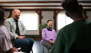 A group discussion happening in a plainly decorated living room of a sober living home.