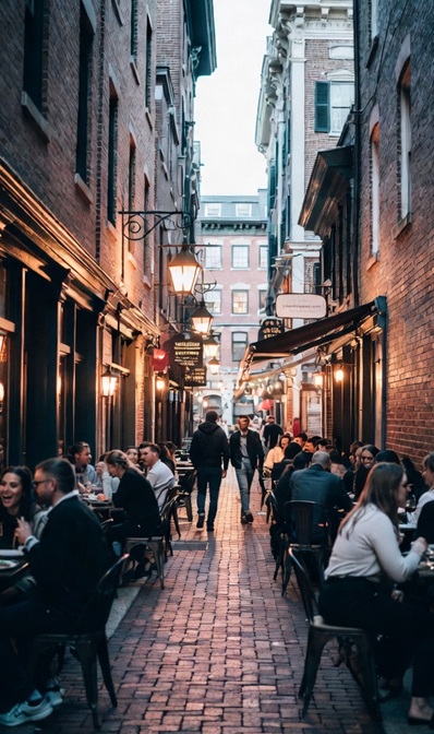 A dimly lit alleyway in Philadelphia bustling with people at tables having wine and dinner in a summer evening.