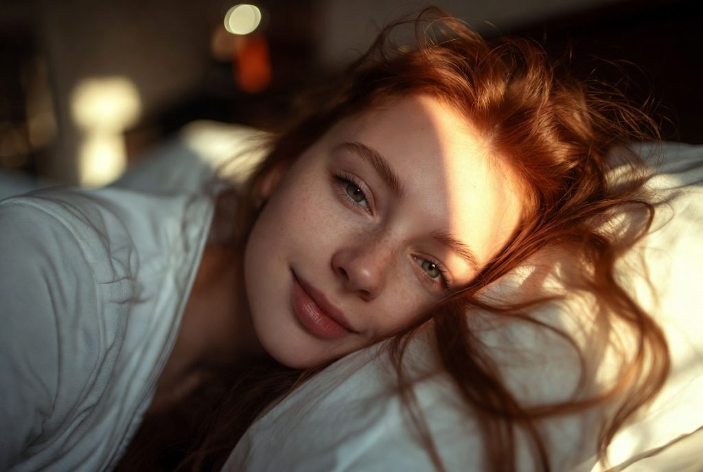 A woman awakes clean and sober. She has red hair and freckles and dawns a subtle smile. The sheets and her pajamas white.